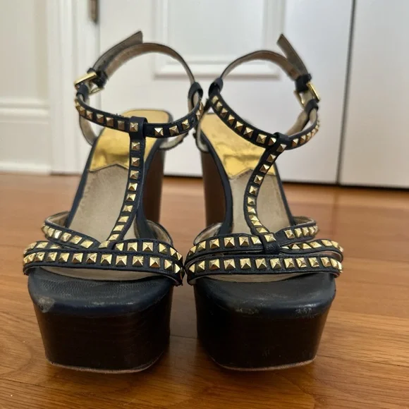 Michael Kors Studded Black and Gold Wedges - Picture 2 of 8